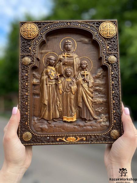 СВЯТІ ВІРА, НАДІЯ, ЛЮБОВ ТА ЇХ МАТІР СОФІЯ - 56 х 66 см, Дуб натуральний 12 фото